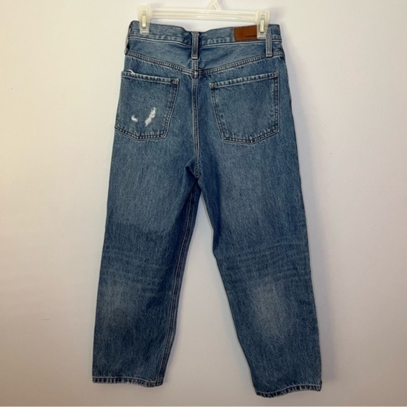 Express High Rise Medium Wash Cropped Distressed Button Fly Dad Jeans Size 4R - Picture 7 of 15